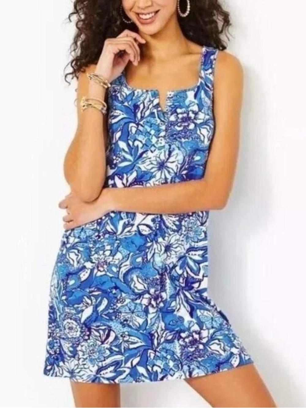 Lilly Pulitzer Lela Henley Tank Dress Blue Tang Flocking Fabulous Size S Cotton
